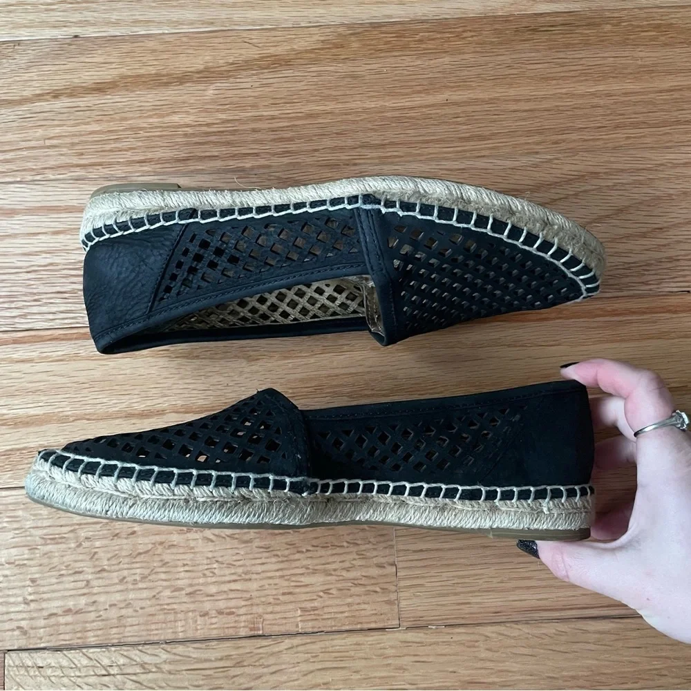 Frye Lee A Line Black Nubuck Leather Perforated Slip On Espadrille Flats Sz 6.5